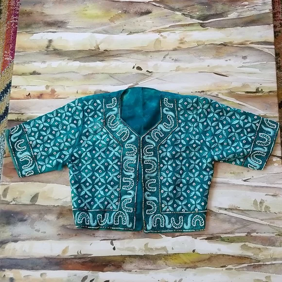 BEAUTIFUL Embroidery Beaded Ethnic Turquoise Silk SS Vintage Crop Top Jacket - Picture 12 of 16